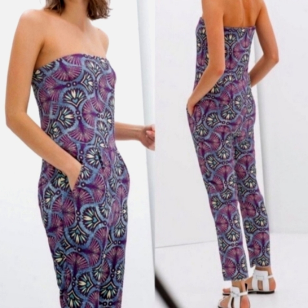 ZARA Strapless Cropped Jumpsuit Blue and Purple Size Small - Picture 3 of 4